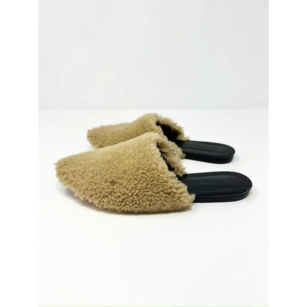 Jenni Kayne Shearling Flat Pointy Toe Mule Slip On Shoe Natural Brown EU 37